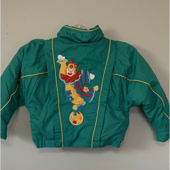 Toddler Winter Down Filled Hooded Jacket Green Clown Detail Size 2T - Picture 4 of 6